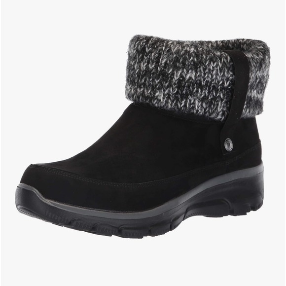 Skechers black Suede Ankle Boots Knit Collar Comfort Winter Booties Sz 8.5 - Picture 1 of 8